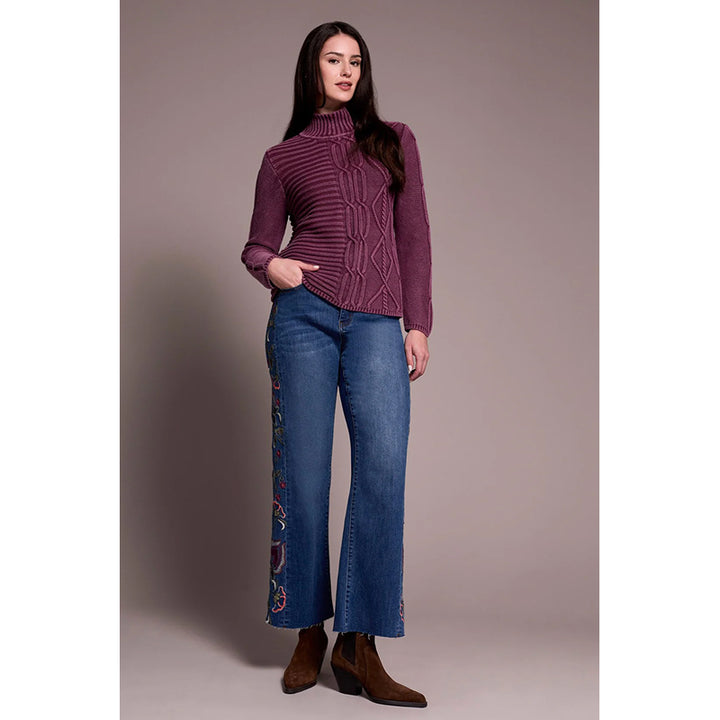 Tribal Vintage Washed Cable Knit Mock Neck Sweater