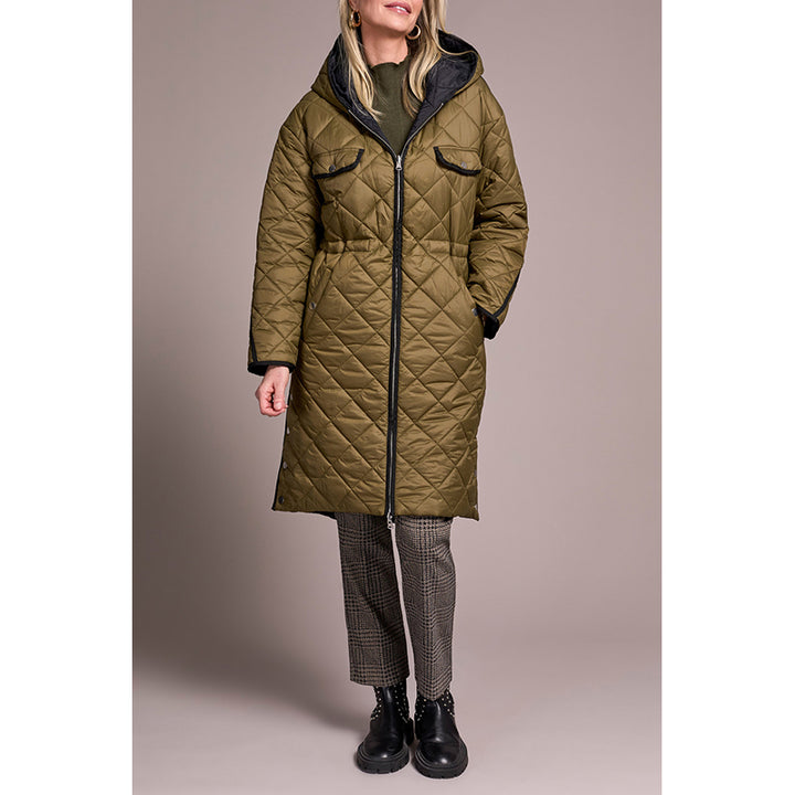 Tribal Long Zip-Front Reversible Puffer With Hood