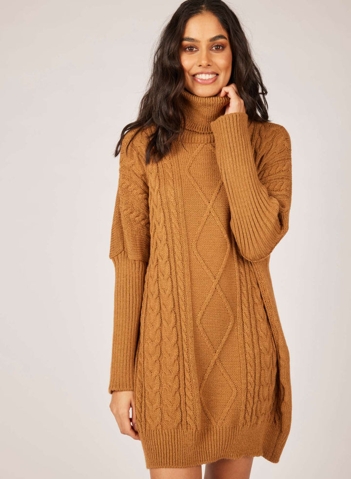 Pistache Cable and Diamond Knitted Tunic with Ribbed Sleeves