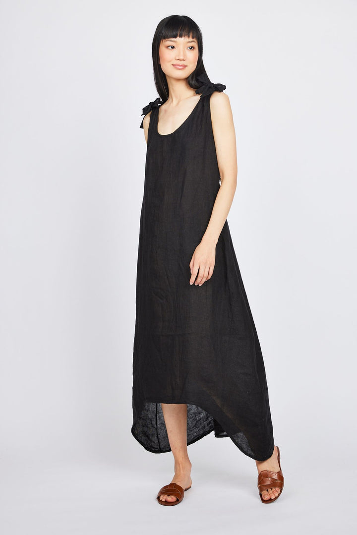 Pistache High Low Linen Dress with Bow Straps