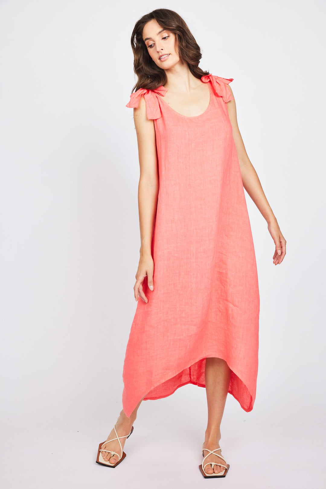 Pistache High Low Linen Dress with Bow Straps