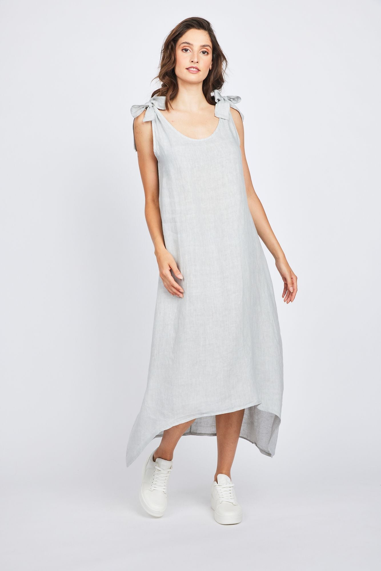 Pistache High Low Linen Dress with Bow Straps Take It Outside