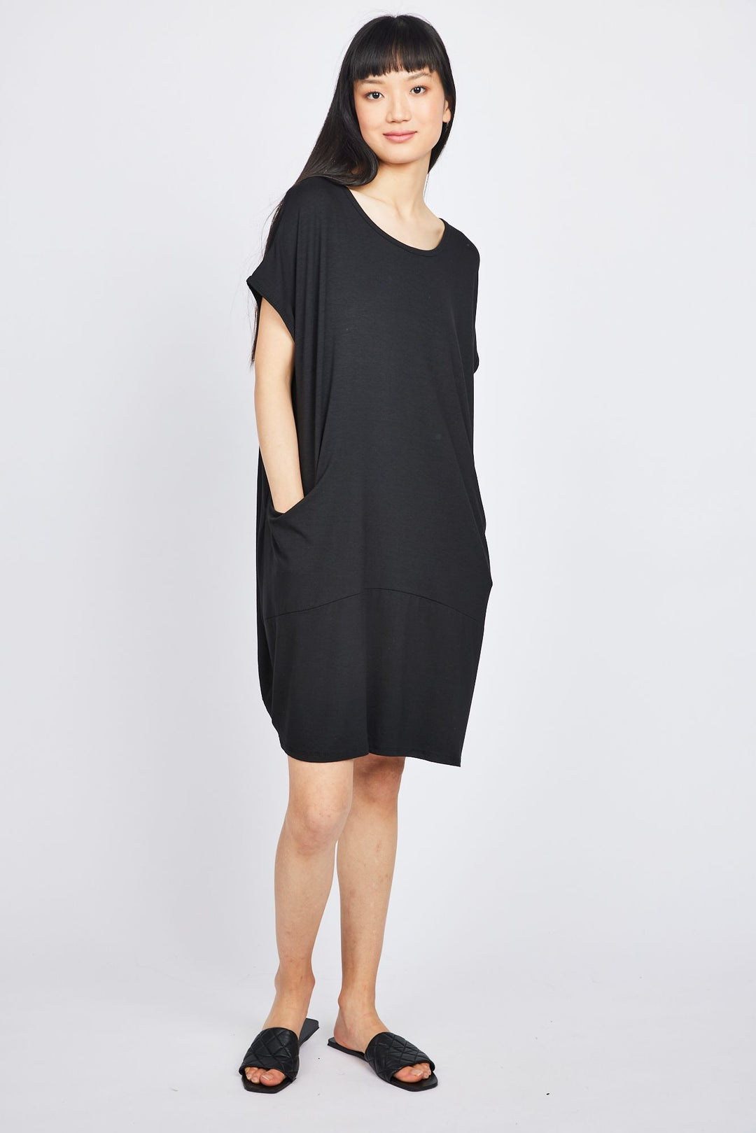 Pistache Loose Bubble Viscose Jersey Dress with Pockets