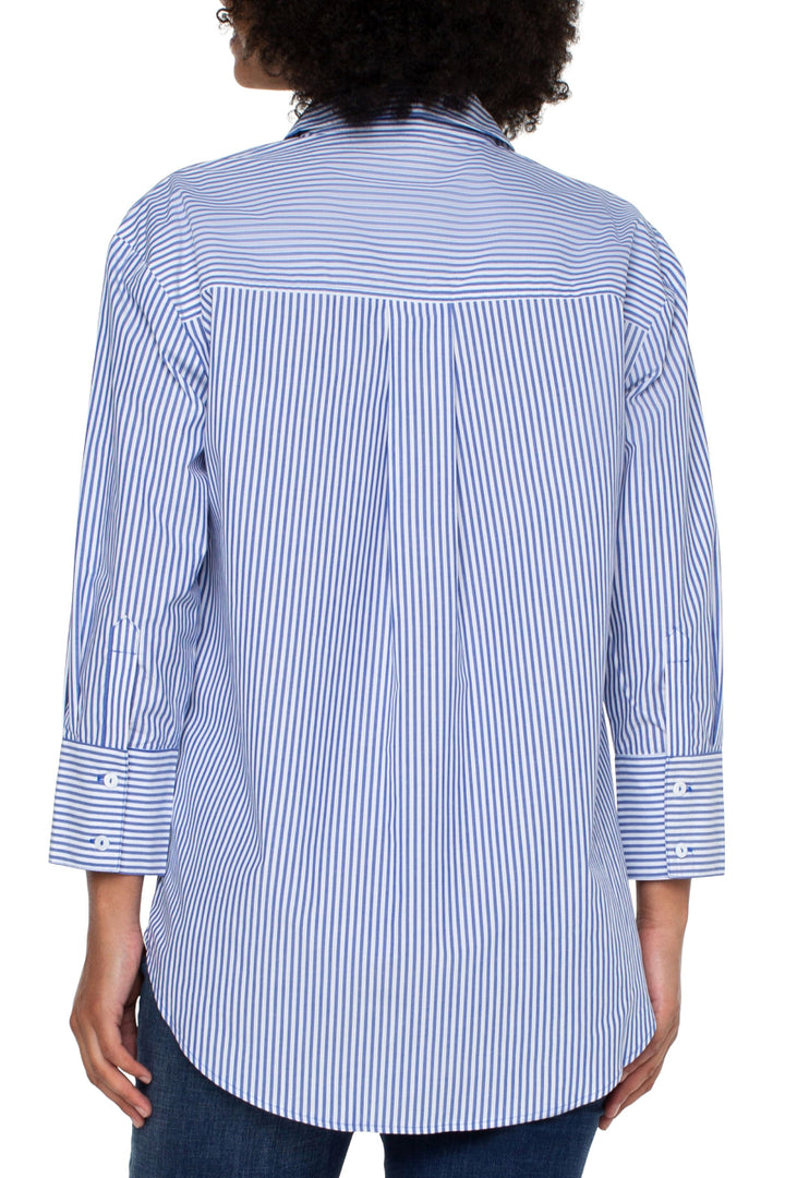 Liverpool Oversized Classic Button Front Shirt 28.25" - Blue Stripe