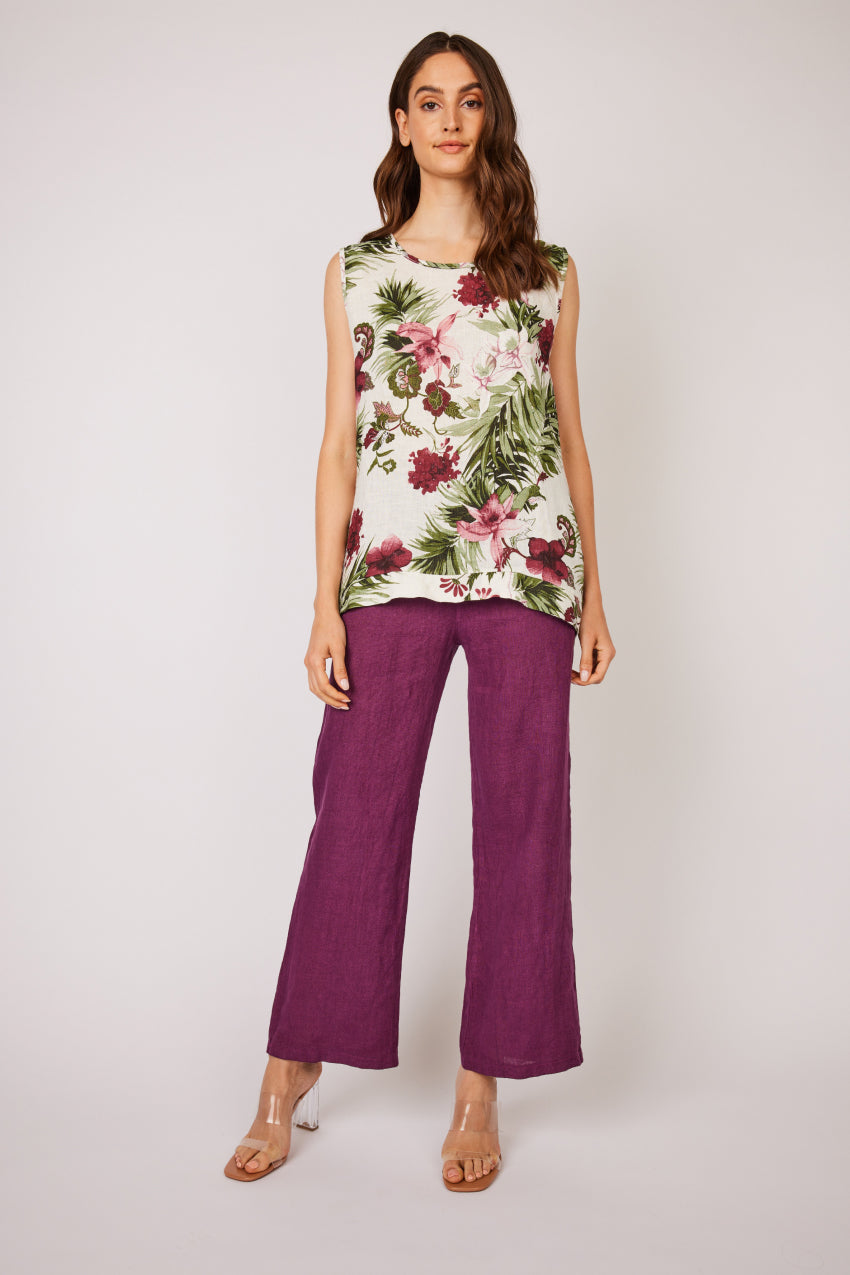 Pistache Sleeveless Linen Top in Tuscan Floral Print