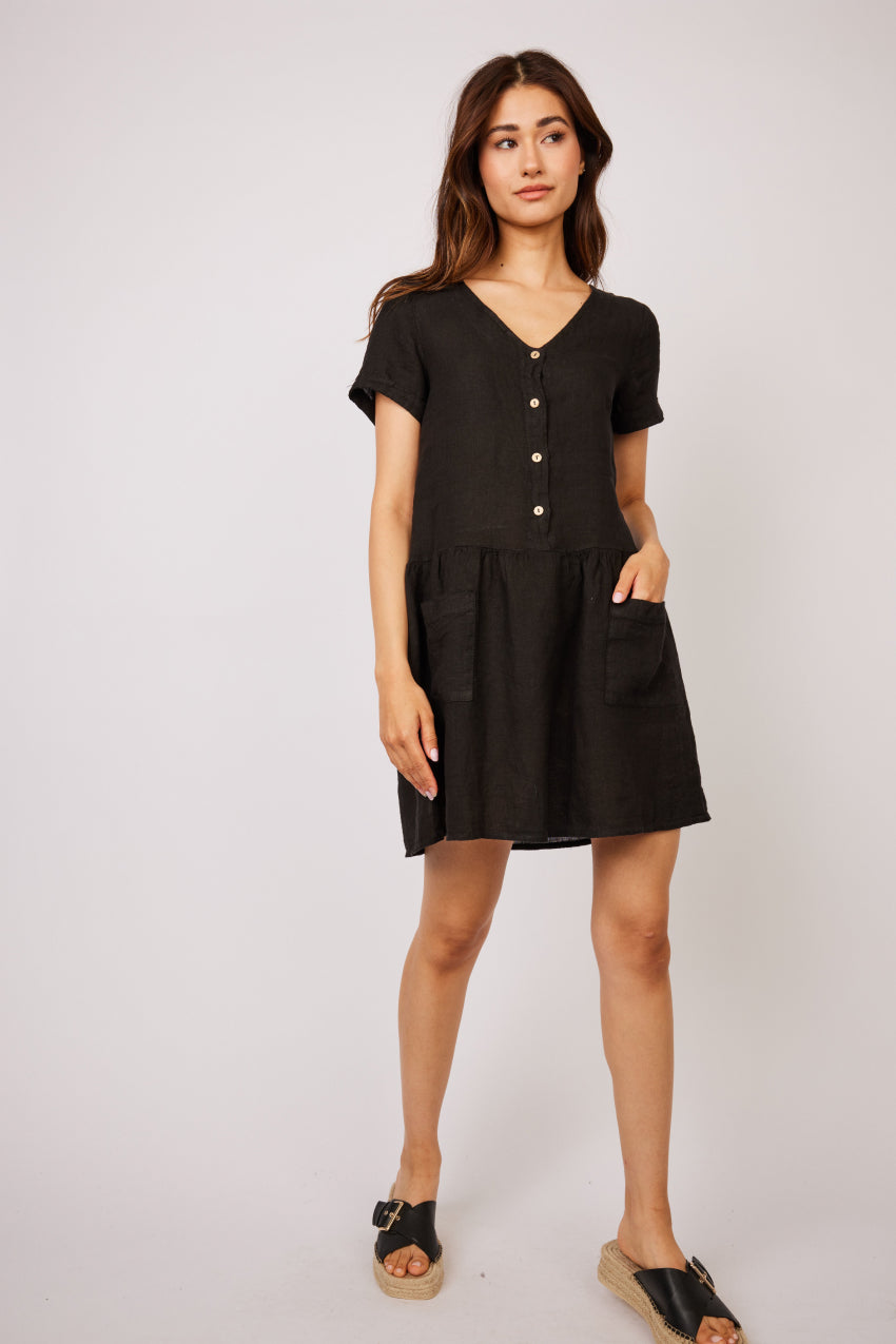 Pistache Short Sleeve Linen Dress w/ Button Top and Patch Pockets Pistache Short Sleeve Linen Dress w/ Button Top and Patch Pockets